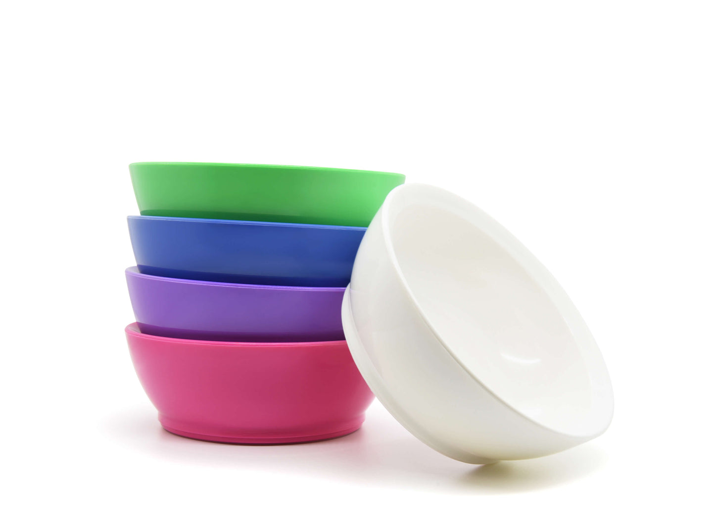 Stack of 12 oz calibowls in pink, purple, blue and green, with a white bowl leaning on its side
