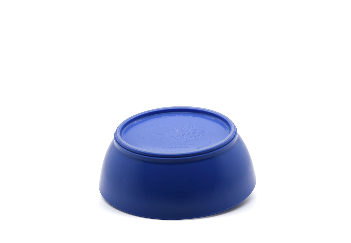 Bottom of blue 20oz calibowl, showing non-slip silicone base, on white background