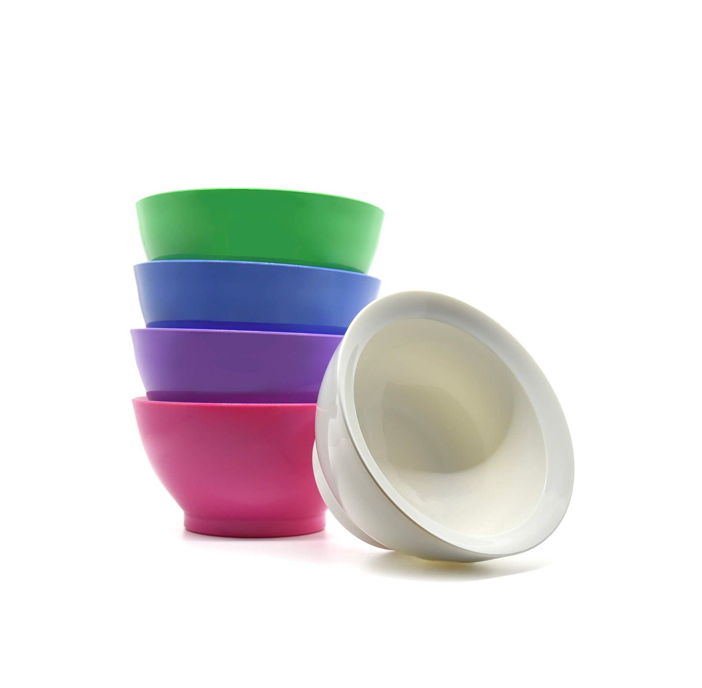 Stack of 20 oz calibowls in pink, purple, blue and green, with a white bowl leaning on its side