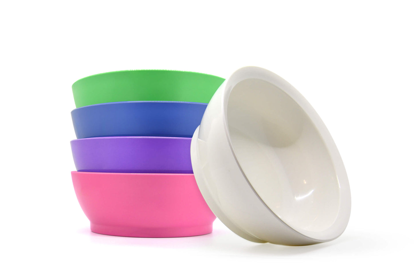 Stack of 28 oz calibowls in pink, purple, blue and green, with a white bowl leaning on its side