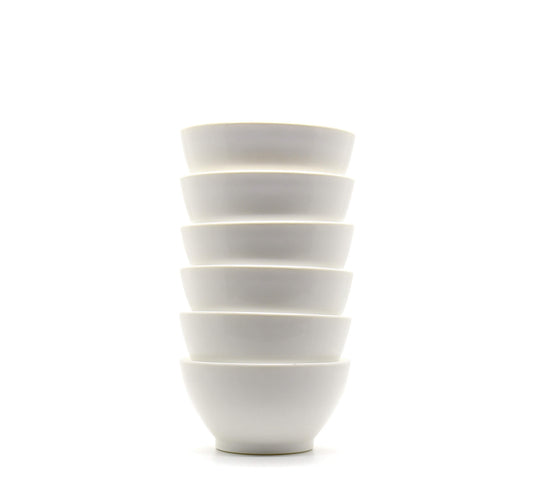 Stack of white 8 oz calibowls on white background