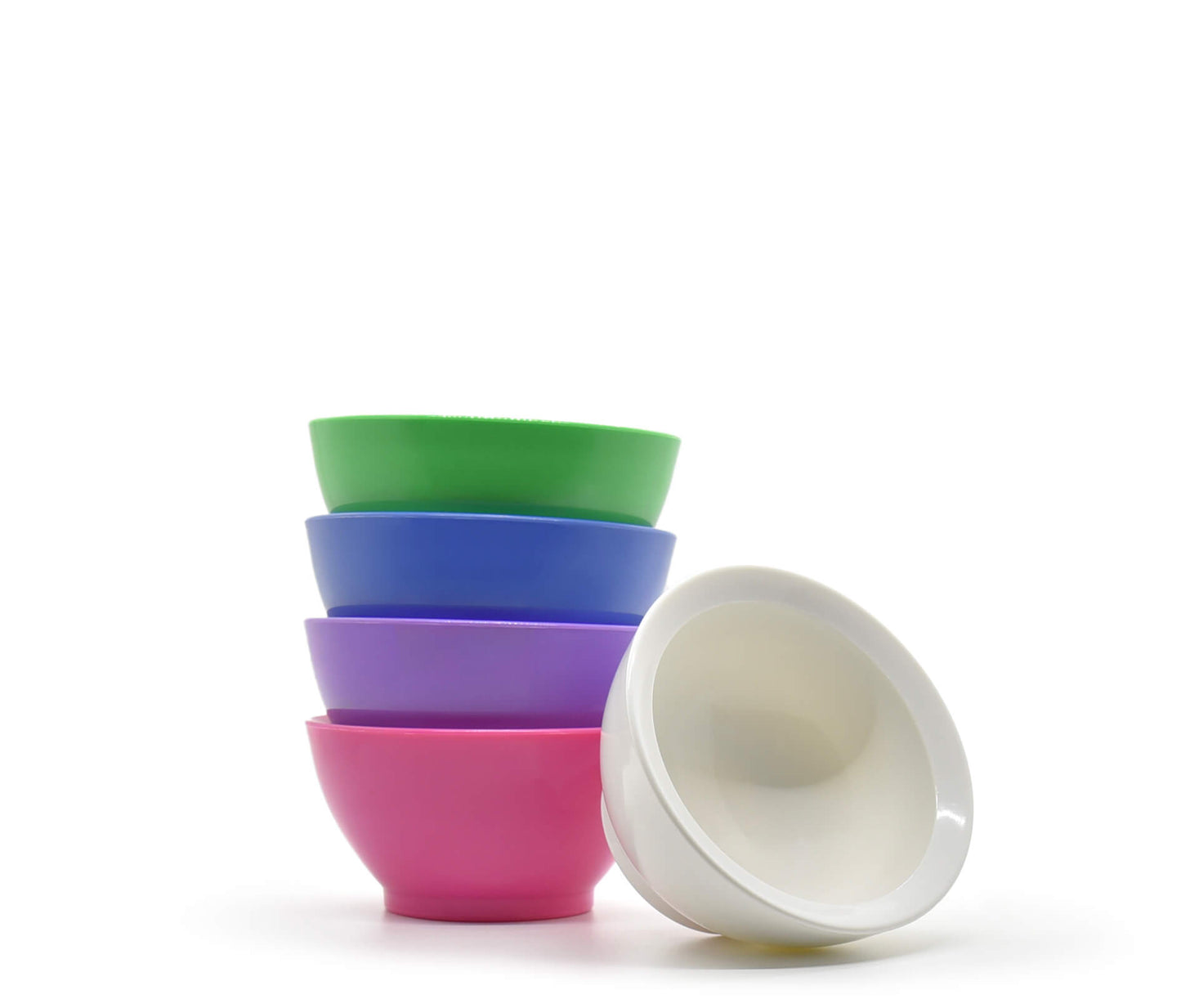 Stack of 8 oz calibowls in pink, purple, blue and green, with a white bowl leaning on its side