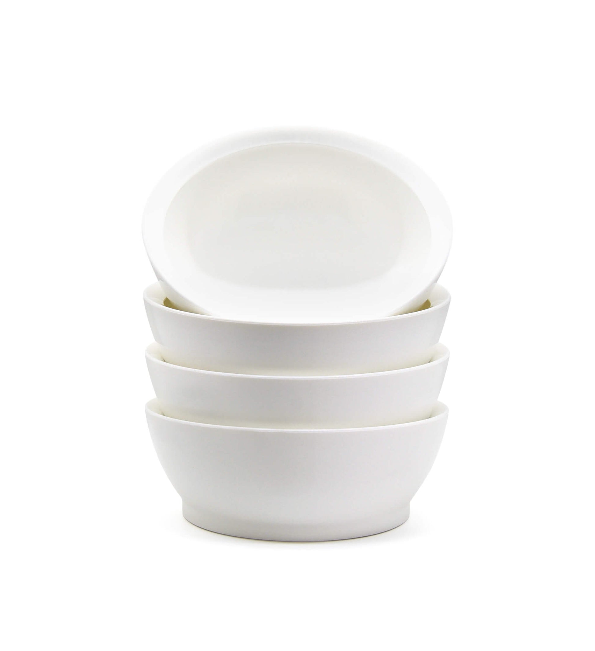 Stack of white, 28oz Calibowls with top bowl angled, on white background