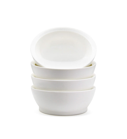 Stack of white, 28oz Calibowls with top bowl angled, on white background