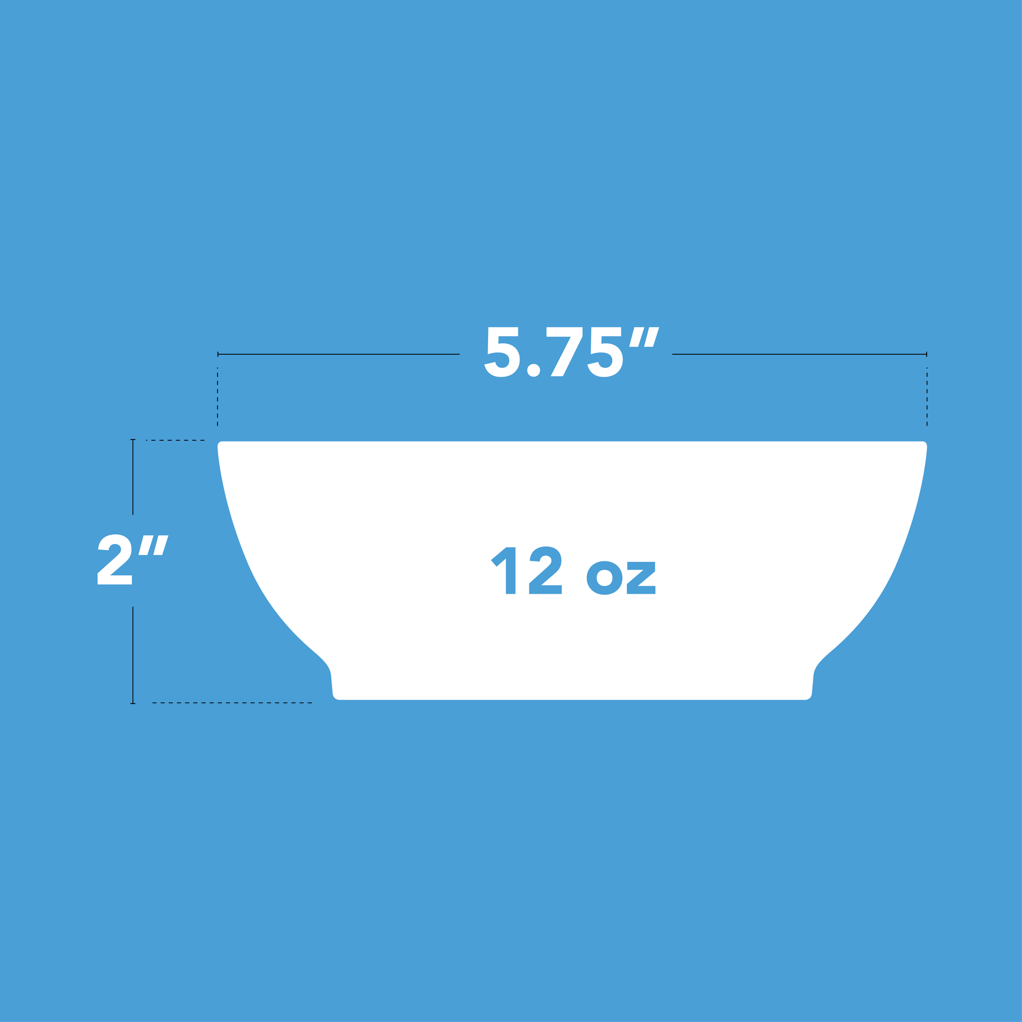 Measurement chart of a 12oz Calibowl with dimensions on a blue background. 2 inches tall, by 5.75 inches wide.