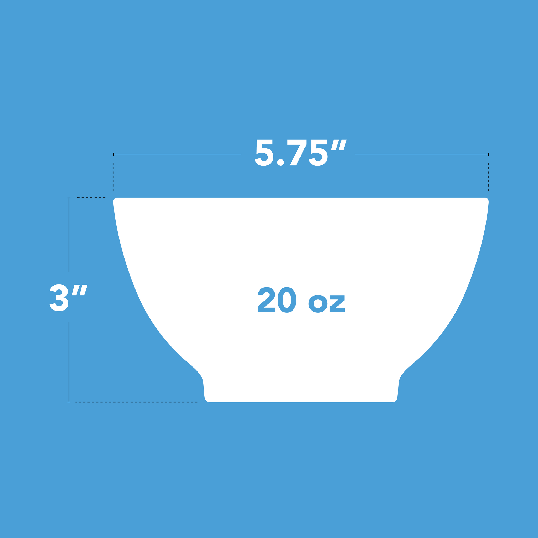 Measurement chart of a 20oz Calibowl with dimensions on a blue background. 3 inches tall, by 5.75 inches wide.