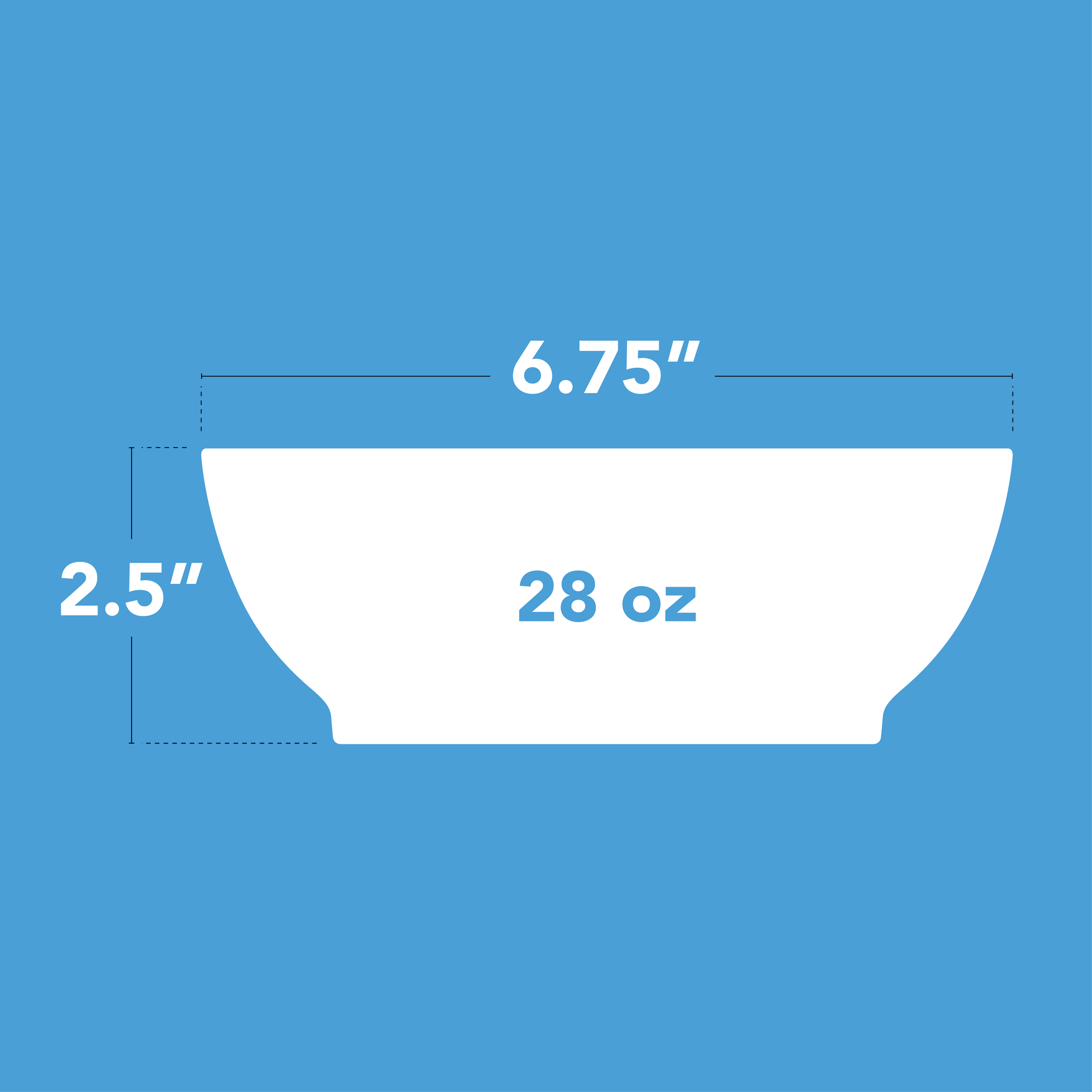 Measurement chart of a 28oz Calibowl with dimensions on a blue background. 2.5 inches tall, by 6.75 inches wide.