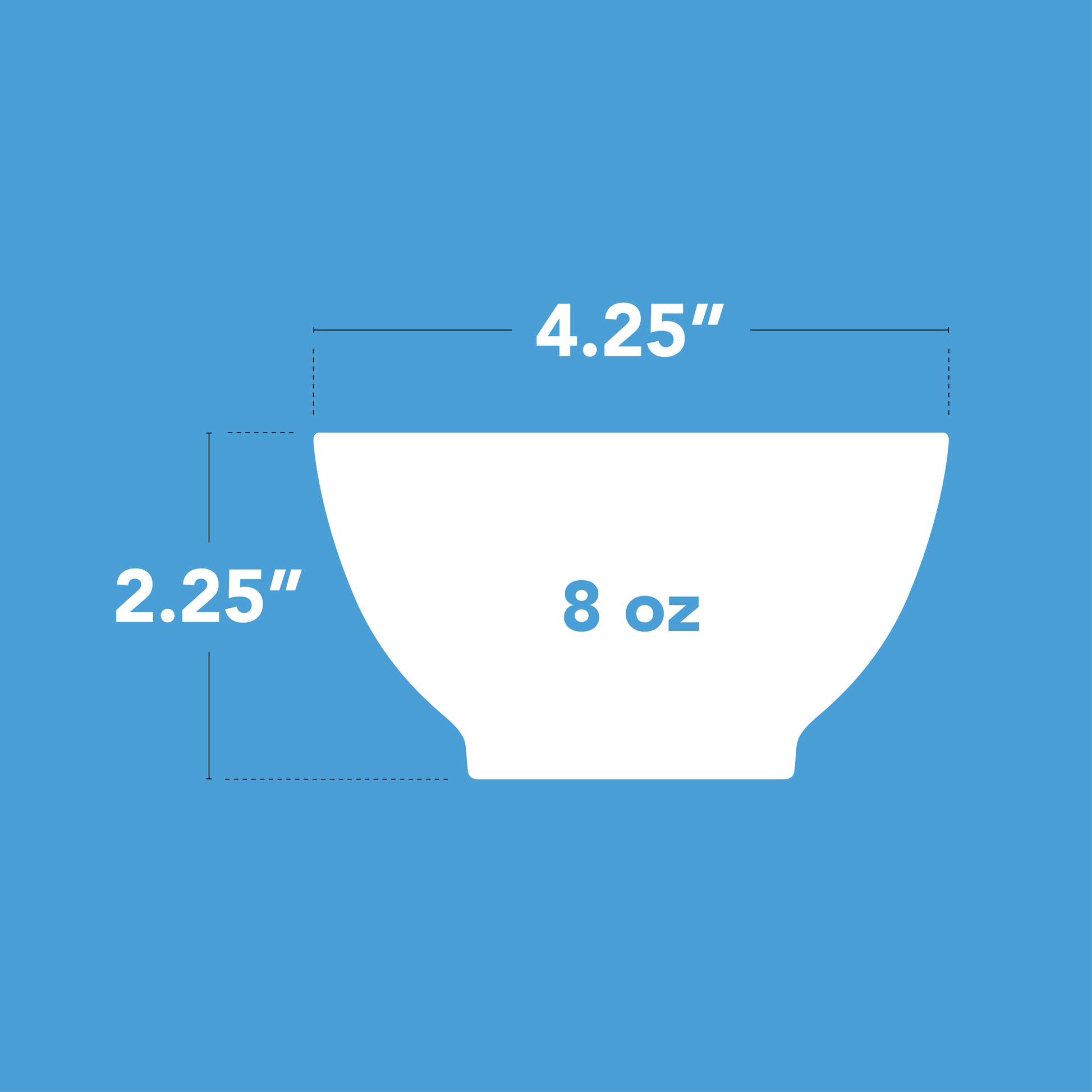 Measurement chart of a 8oz Calibowl with dimensions on a blue background. 2.25 inches tall, by 4.25 inches wide.