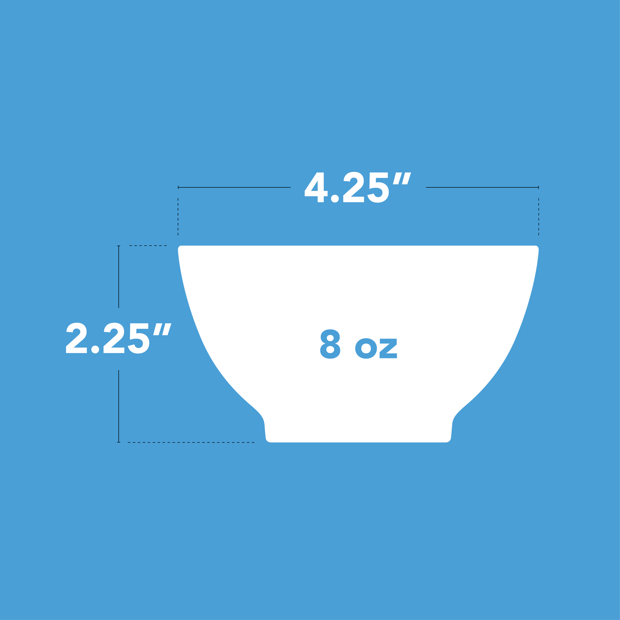 Measurement chart of a 8oz Calibowl with dimensions on a blue background. 2.25 inches tall, by 4.25 inches wide.