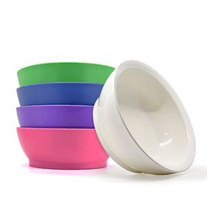 Stack of pink, purple, blue, and green 28 oz bowls, with a white bowl on its side